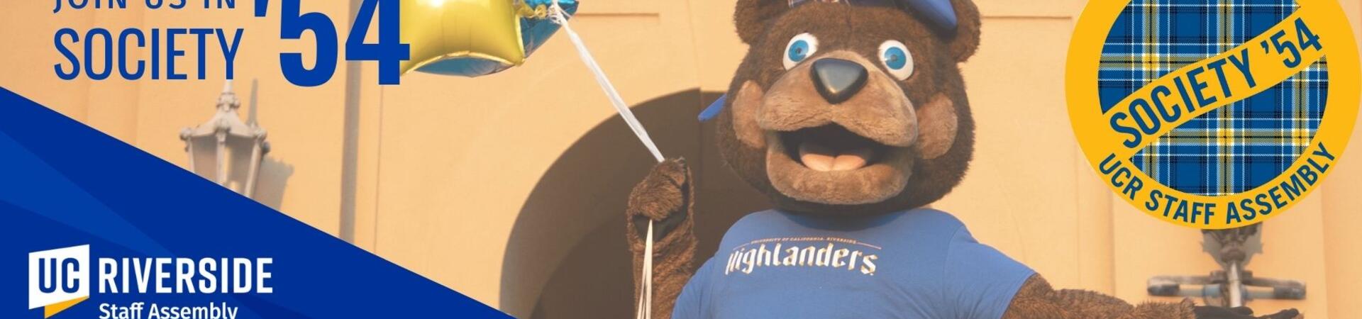 Scotty Highlander holding balloons behind the Society '54 logo