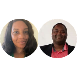 double bubble headshots, Charron Andrus and Dennis McIver, smiling for a headshot