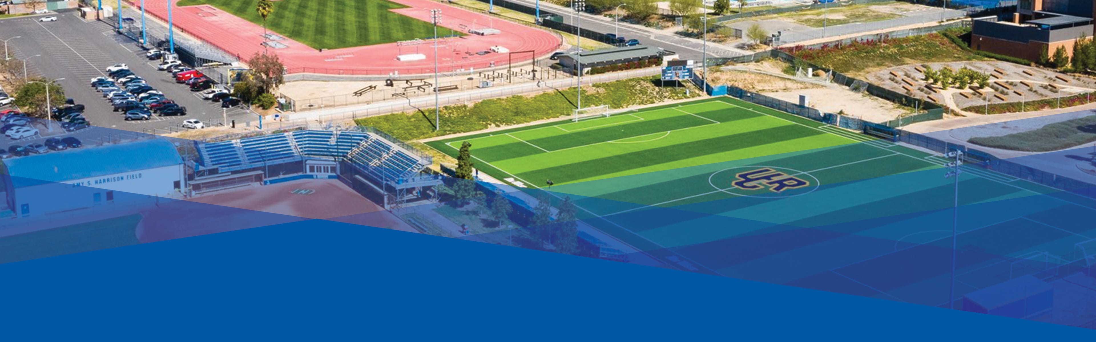 Aerial view of UCR track and field, soccer, and baseball fields