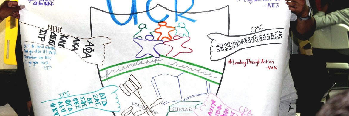 Members of UCR fraternities and sororities show off a poster they made at the Leadership Retreat.