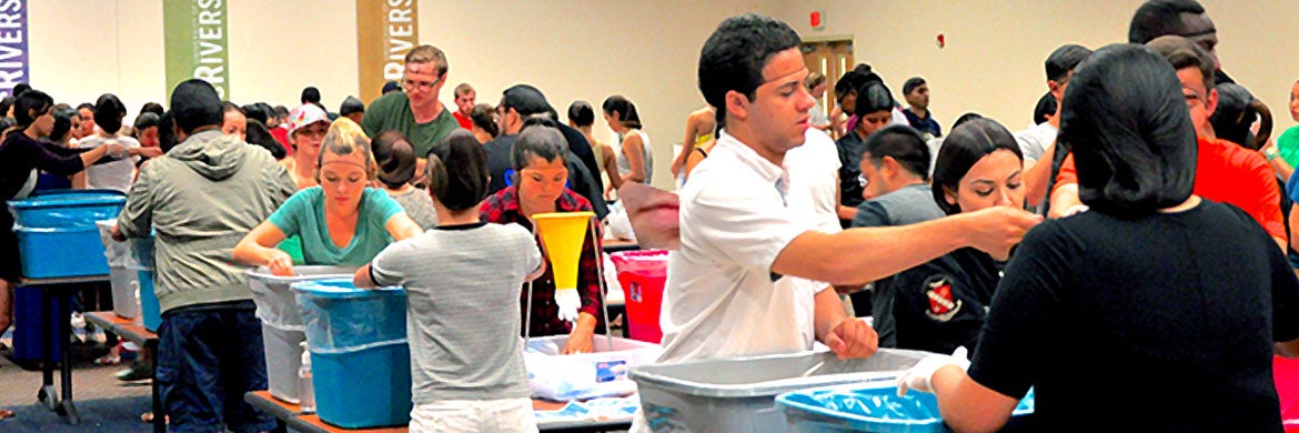 Members of UCR fraternities and sororities create care packages as part of a community service project.