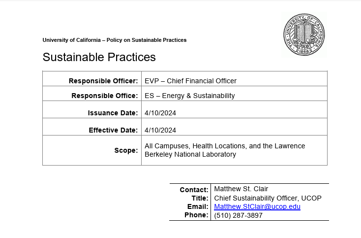 Cover page of the UC Sustainable Practices policy document
