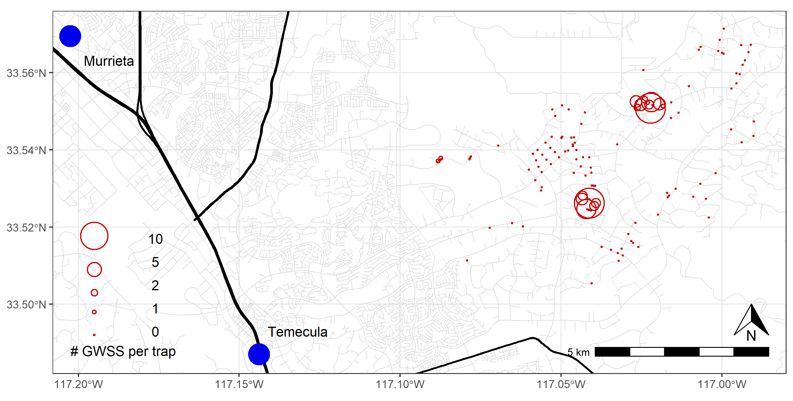 Map showing the locations where GWSS were collected on traps