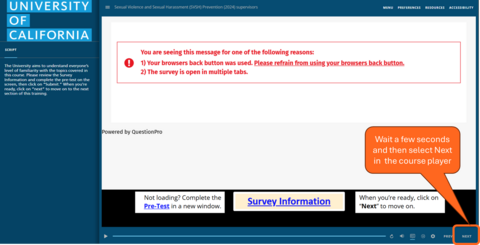A screenshot of the course player with an arrow pointing to the Next button in the lower right corner