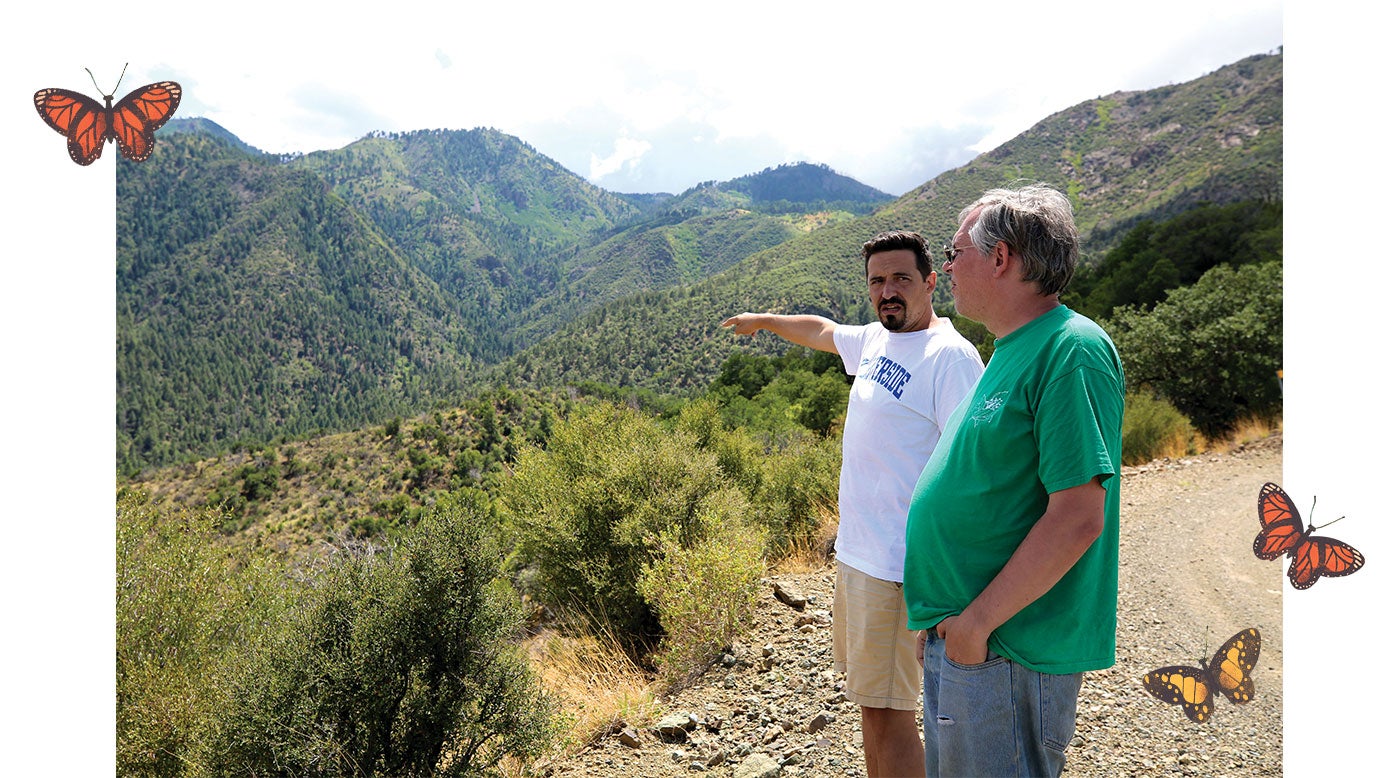 Postdoctoral scholar  Francesc Gómez-Marco points to an area within the “sky island” of Portal, Arizona, as Doug Yanega looks on. (UCR/Jules Bernstein)