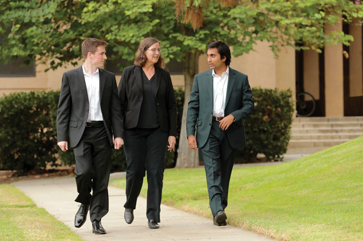 From left, Hylander Financial Group President Ryan Whyte, Professor Jean Helwege, and Vice President Arjun Oza. (UCR/Stan Lim)