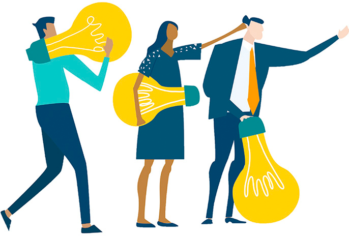Illustration of people holding big lightbulbs as ideas