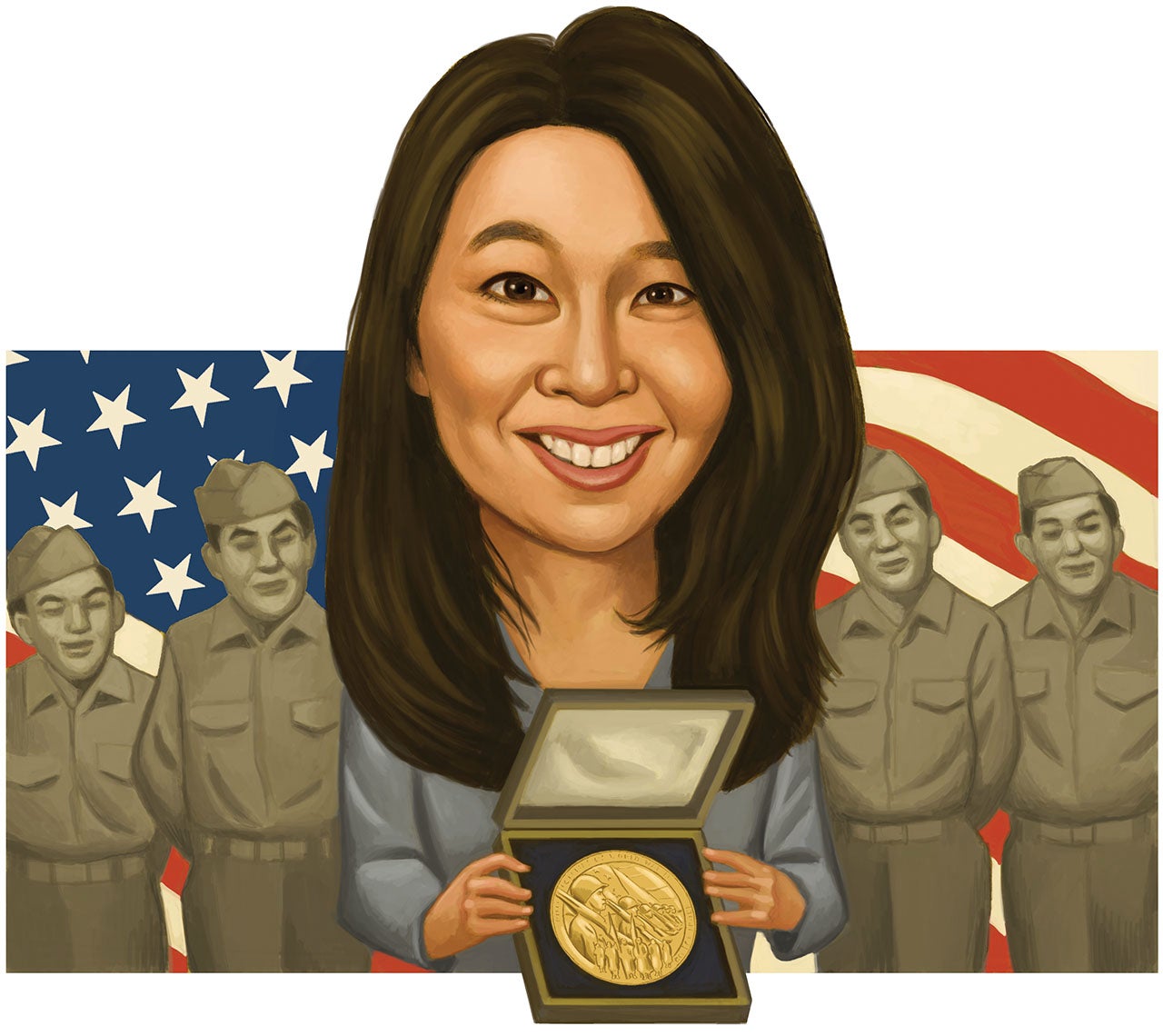 Illustration of Christine Sato-Yamazaki Holding Medallion 