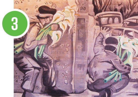 Painting of two guerrilla warfare fighters holding calla lilies