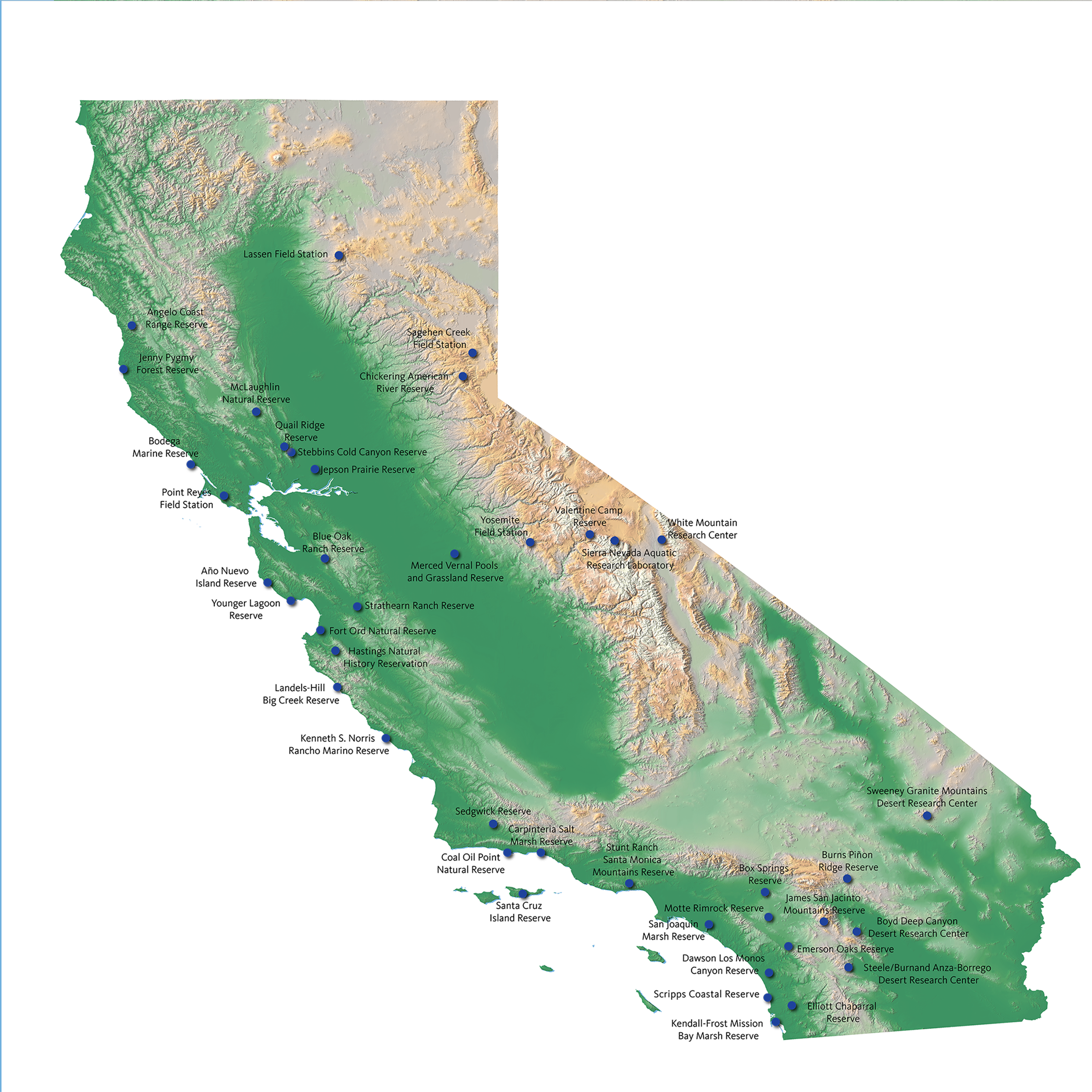 Map of California showing the location of the 42 UC Natural Reserves