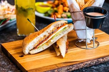 Sandwiches on a wooden platter