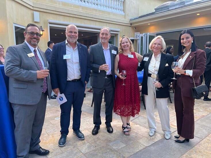 Miguel Aranda, Nick Milano '89, co-host Mickey '97, '99, Carrie McGuire '96, '97, Amy Harrison '72, and Sabine Freij