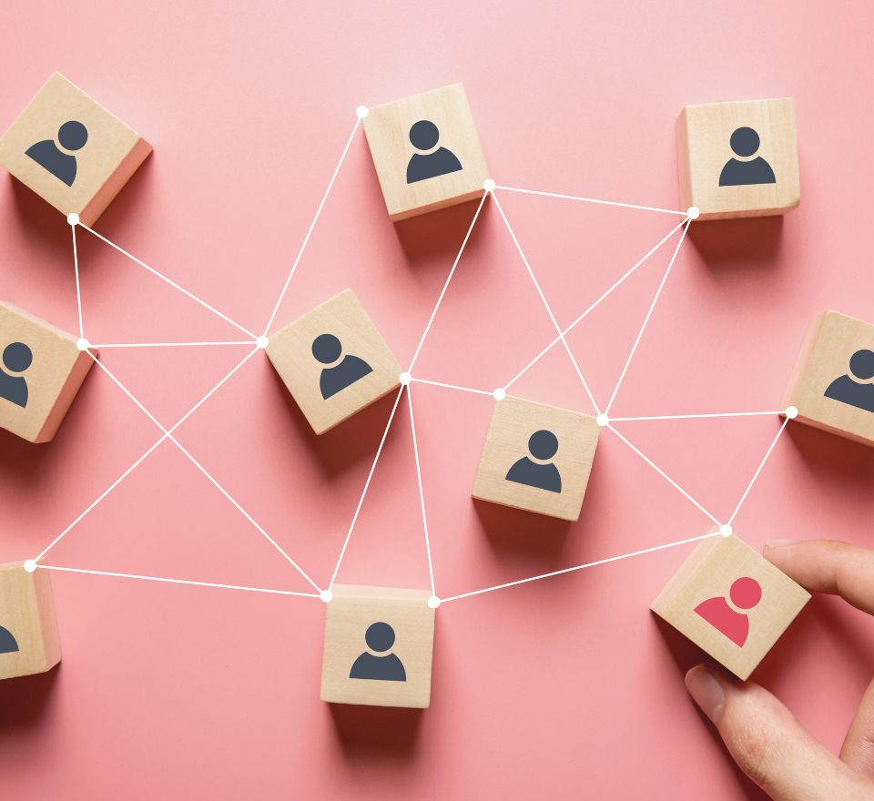 Blocks with people on it and lines connecting them to show unity within HR roles