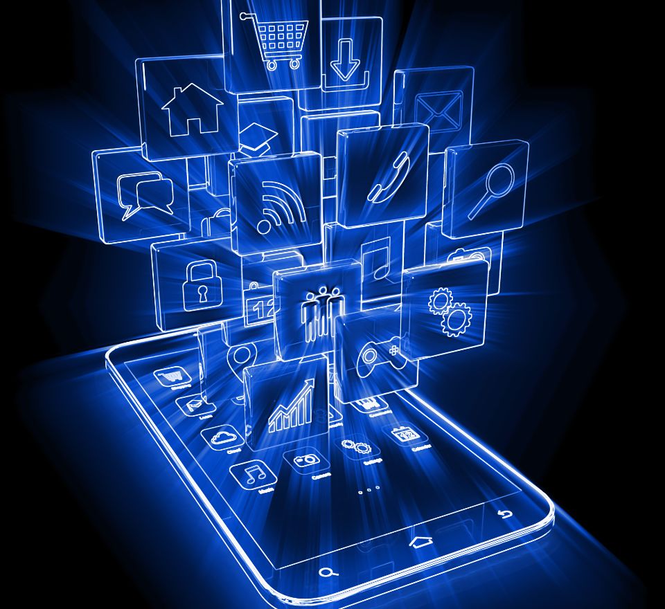 Graphic image of cell phone with a multitude of apps bursting out for marketing functions