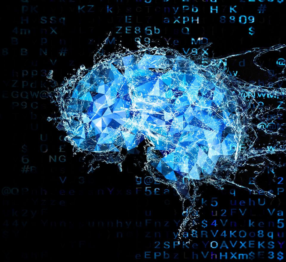 Digital image of a brain with computer codes spraying from it
