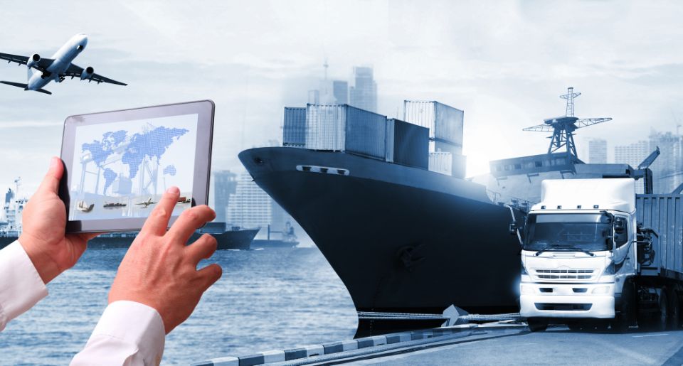 Businessman holding tablet sharing logistics of various transportation methods