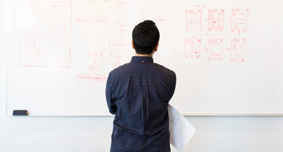 Business man looking at board with sketches