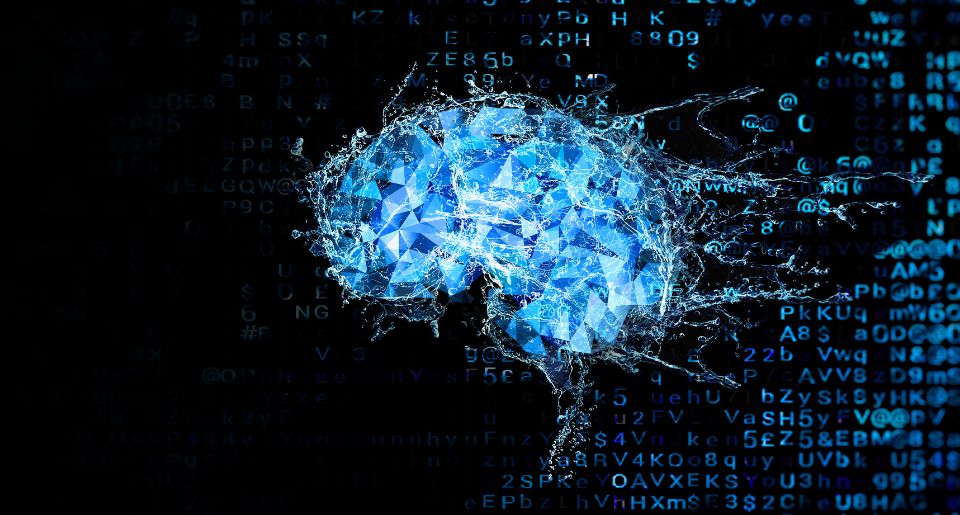 Digital image of a brain with computer codes spraying from it